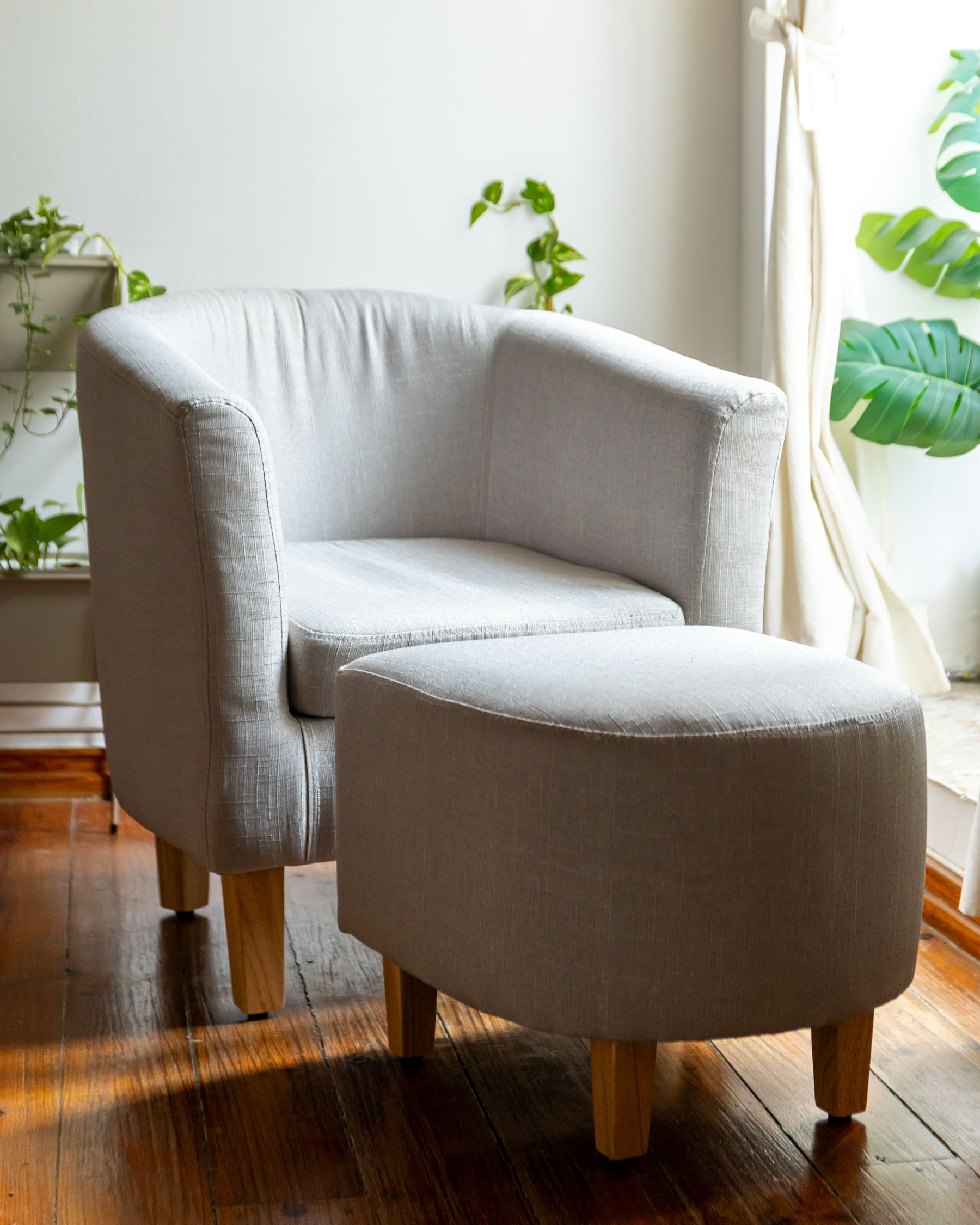 Horry Fabric Barrel Chair With Ottoman In Lit Grey Colour - Febonic Living