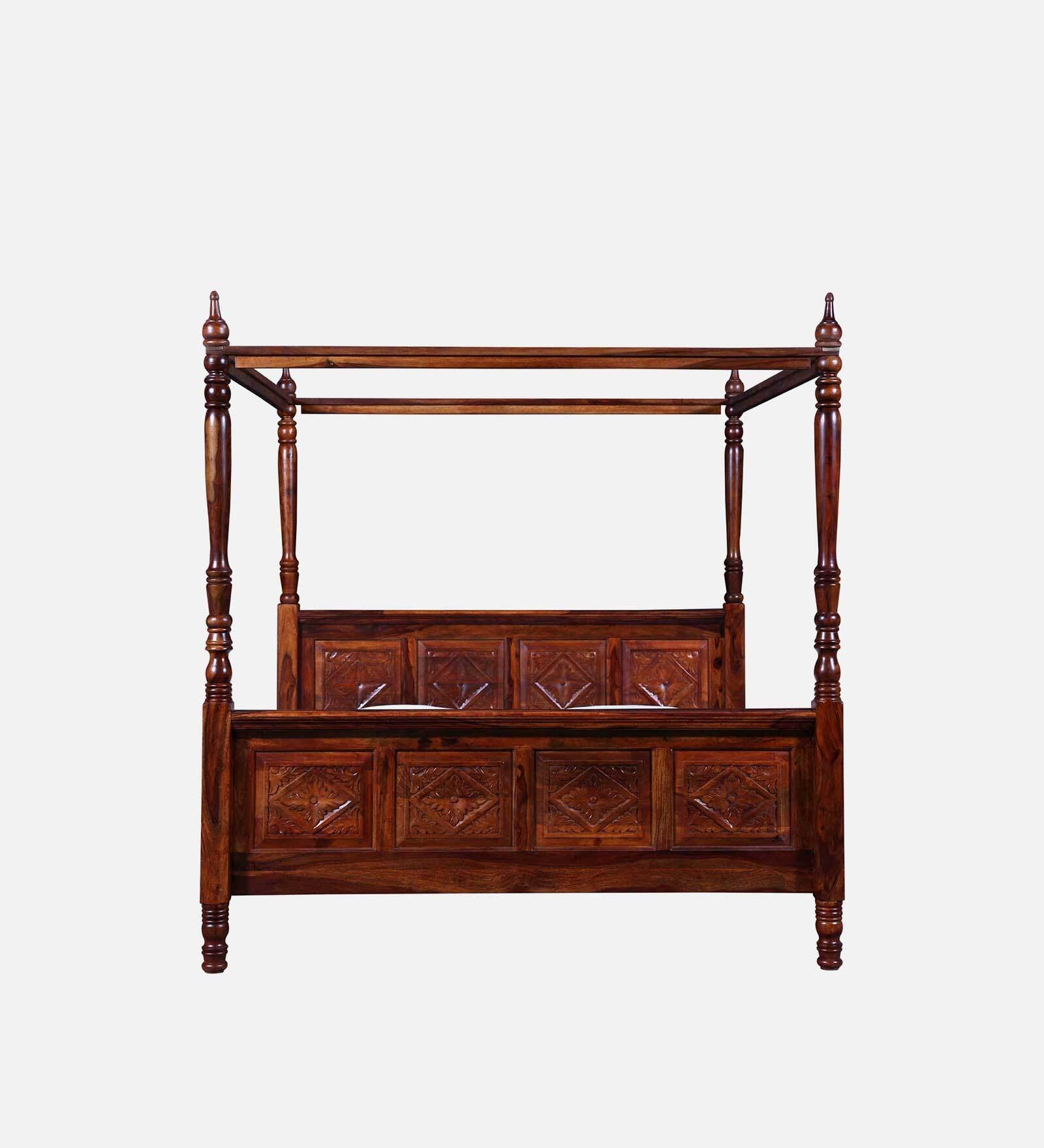 Elma Sheesham Wood King Size Poster Bed In Honey Oak Finish - Febonic Living