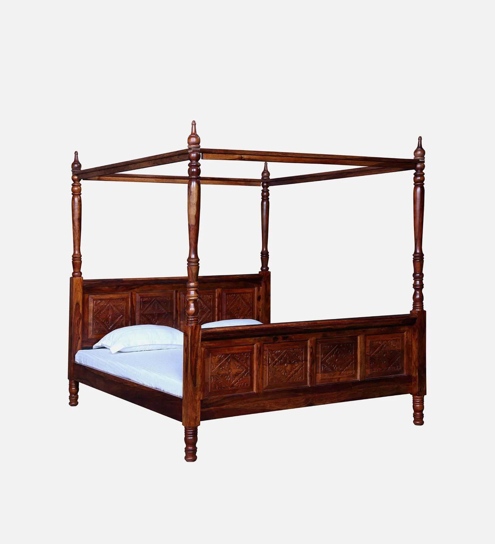 Elma Sheesham Wood King Size Poster Bed In Honey Oak Finish - Febonic Living