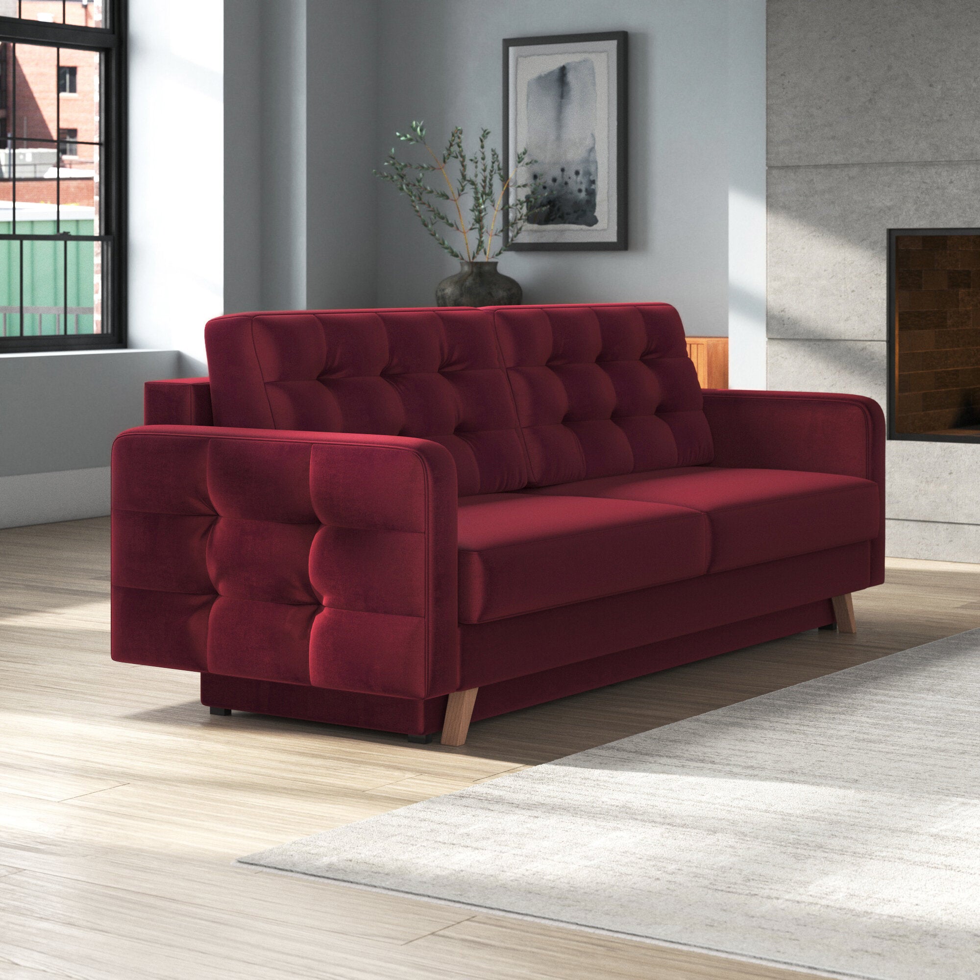 Hursty Velvet 3 Seater Pull Out Sofa Cum Bed In Cherry Red Colour - Febonic Living