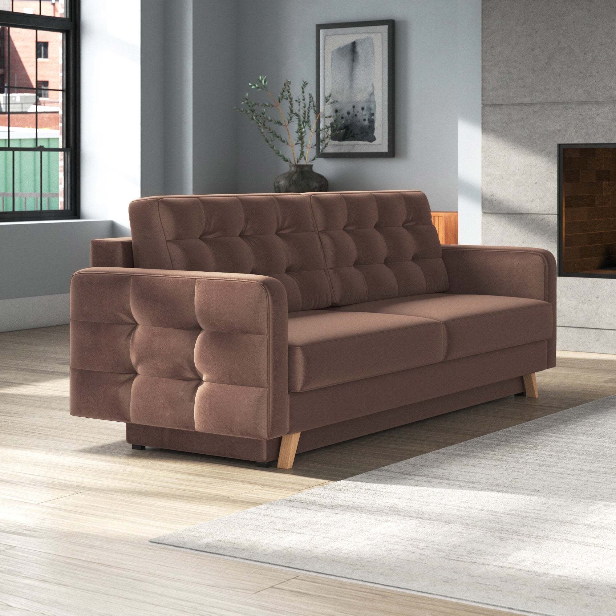 Hursty Velvet 3 Seater Pull Out Sofa Cum Bed In Mocha Brown Colour - Febonic Living