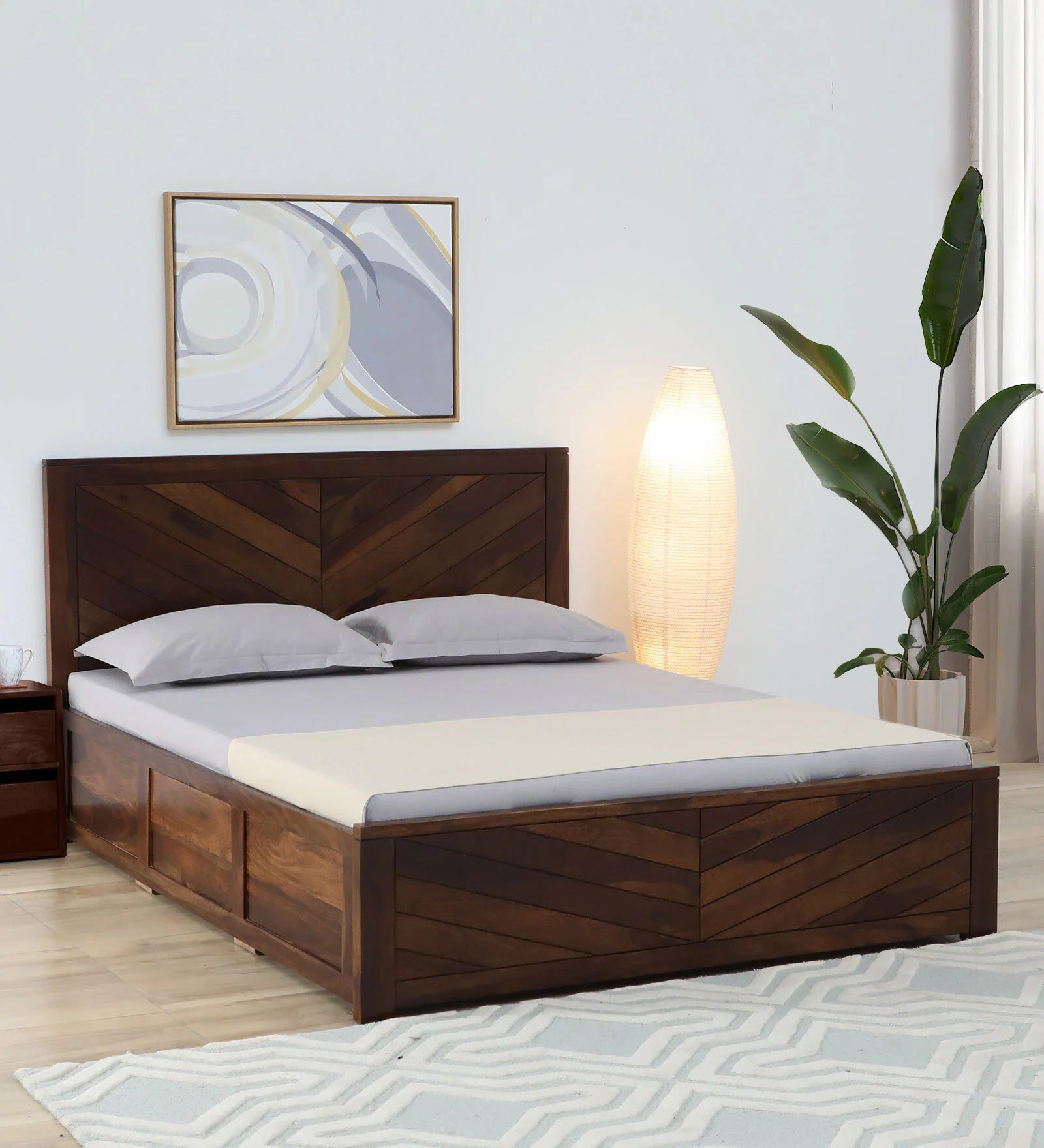 Astra Sheesham Wood Queen Size Bed In Scratch Resistant Provincial Teak Finish With Hydraulic Storage - Febonic Living