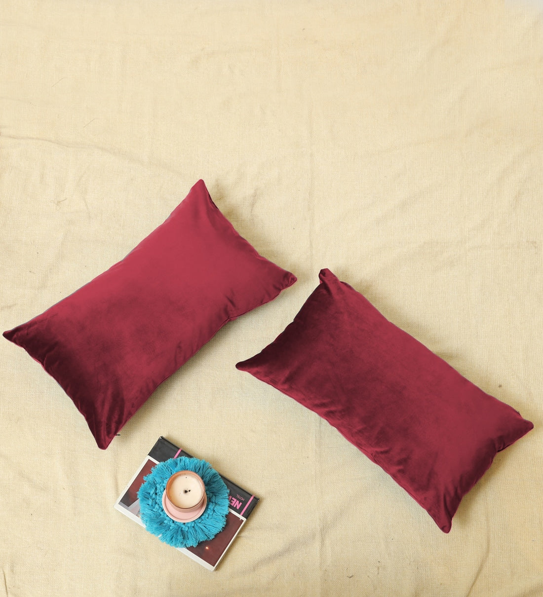 Mille Velvet 18x12 inches Cushion + Covers (Pack of 2) In Cherry Red Colour - Febonic Living