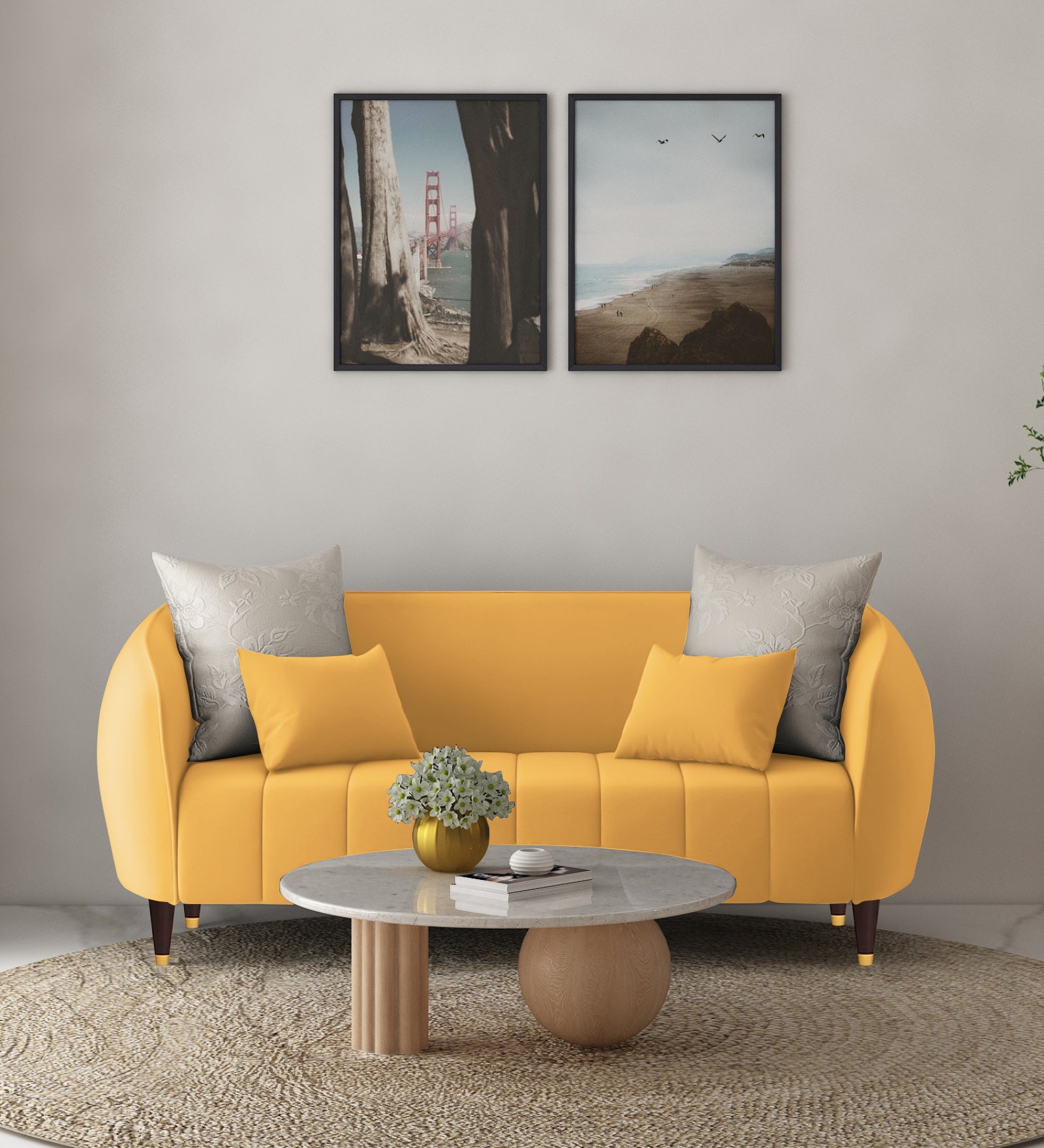 Hairo Velvet 2 Seater Sofa in Turmeric Yellow Colour