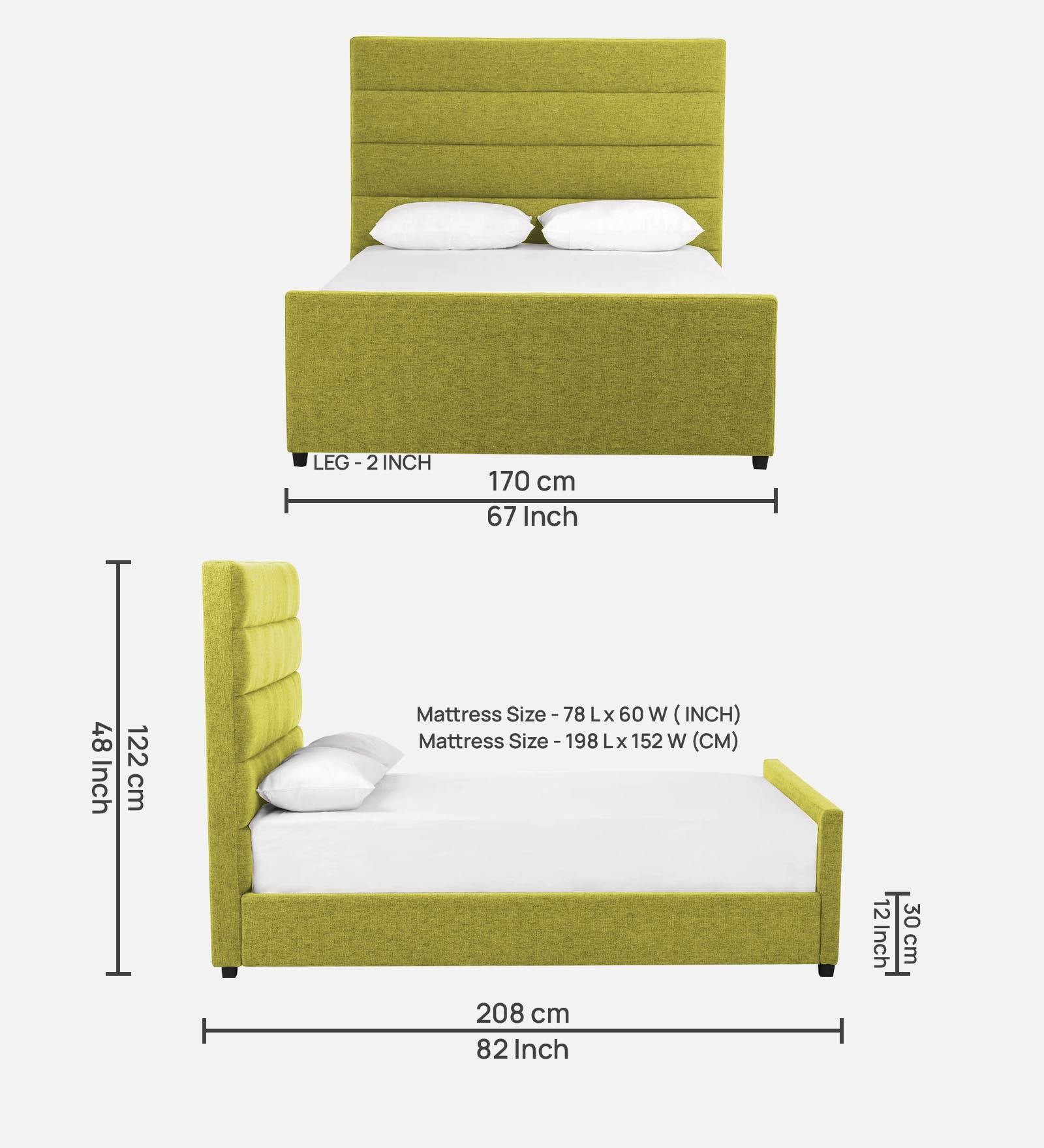 Pollen Fabric Queen Size Bed In Parrot Green Colour