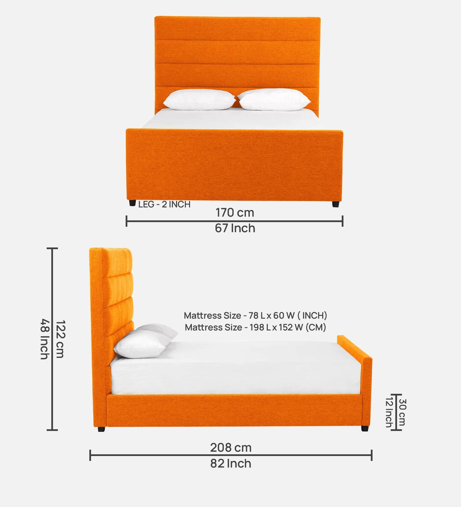 Pollen Fabric Queen Size Bed In Vivid Orange Colour