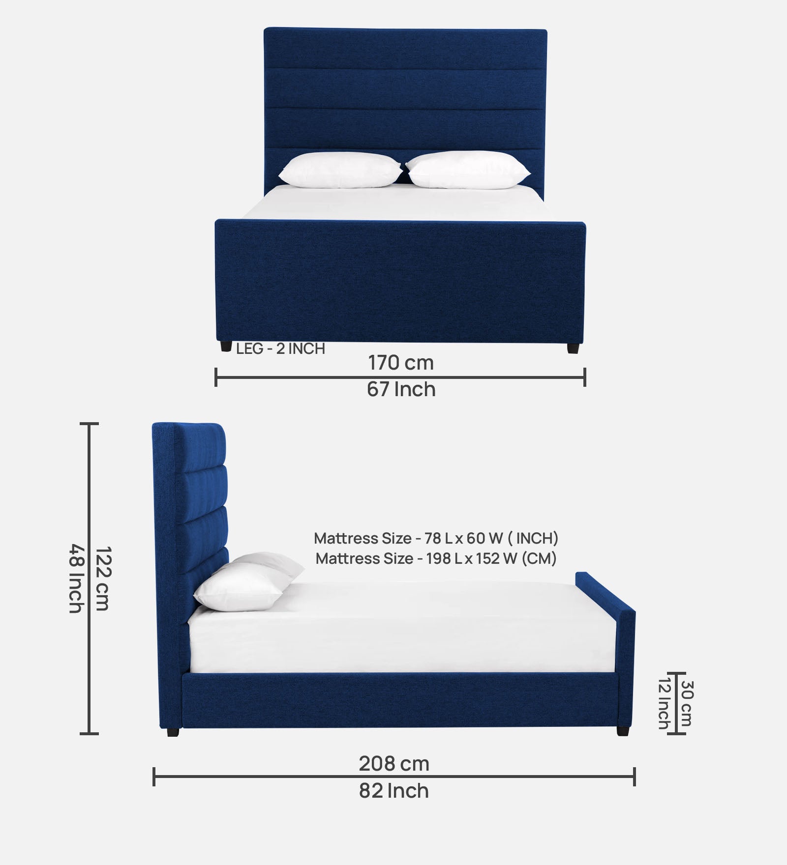 Pollen Fabric Queen Size Bed In Royal Blue Colour