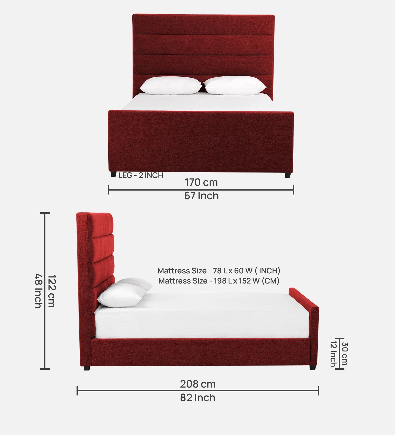 Pollen Fabric Queen Size Bed In Blood Maroon Colour