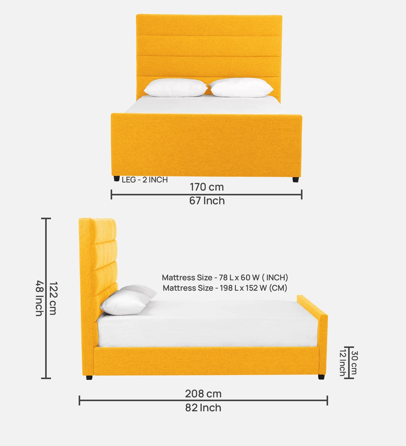 Pollen Fabric Queen Size Bed In Bold Yellow Colour