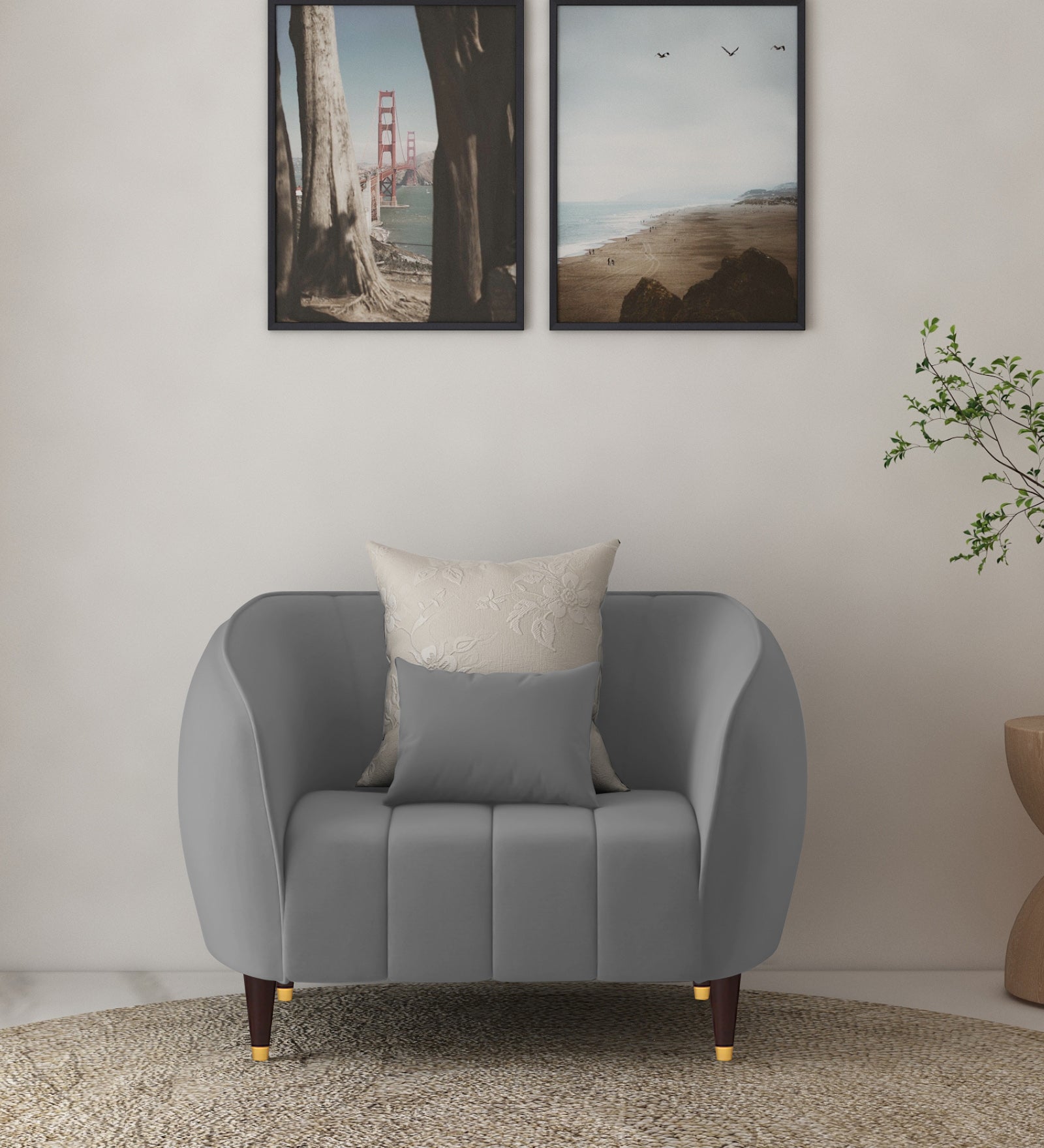 Hairo Velvet 1 Seater Sofa In  Light Grey Colour - Febonic Living