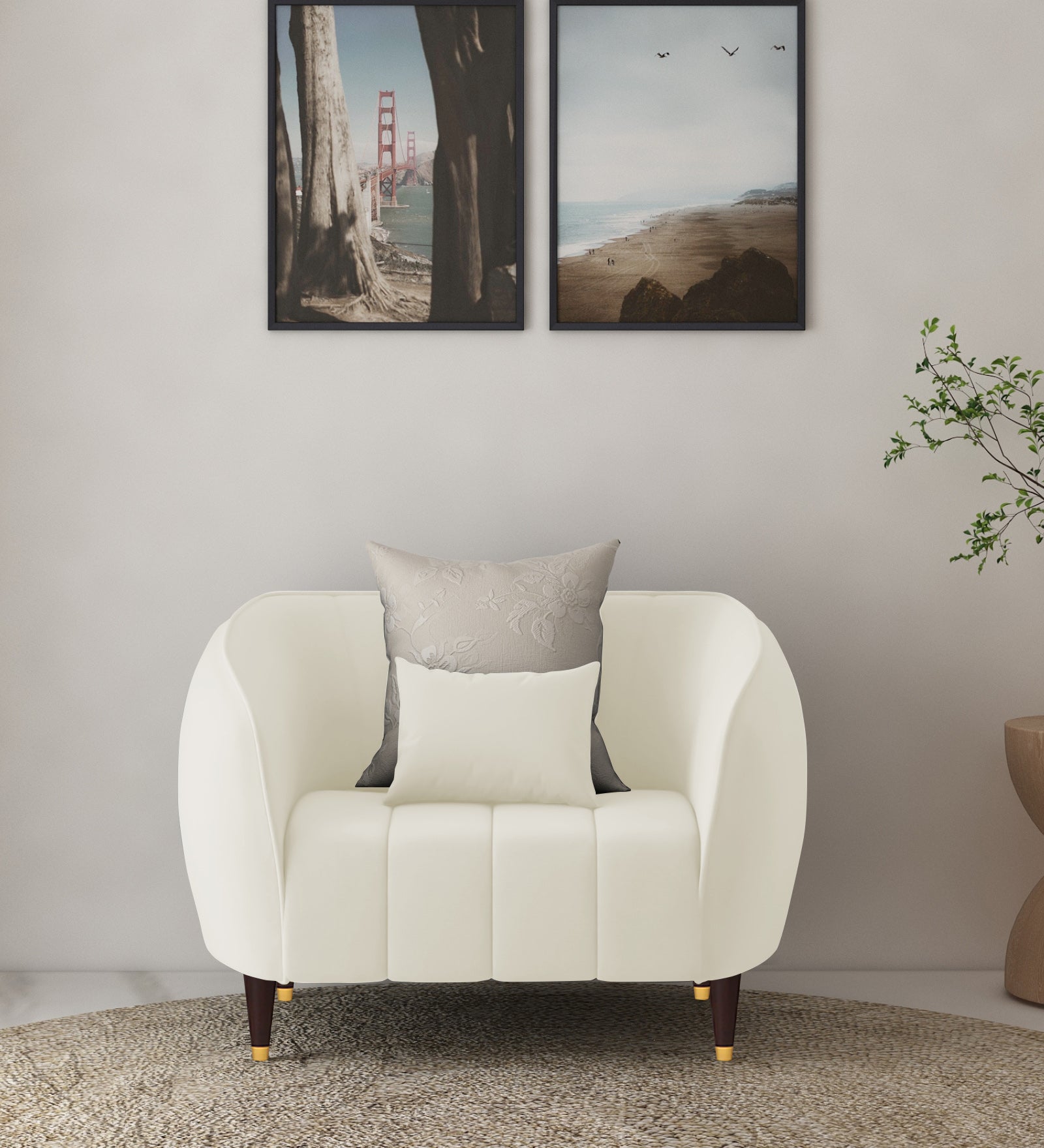 Hairo Velvet 1 Seater Sofa In  Warm White Colour - Febonic Living