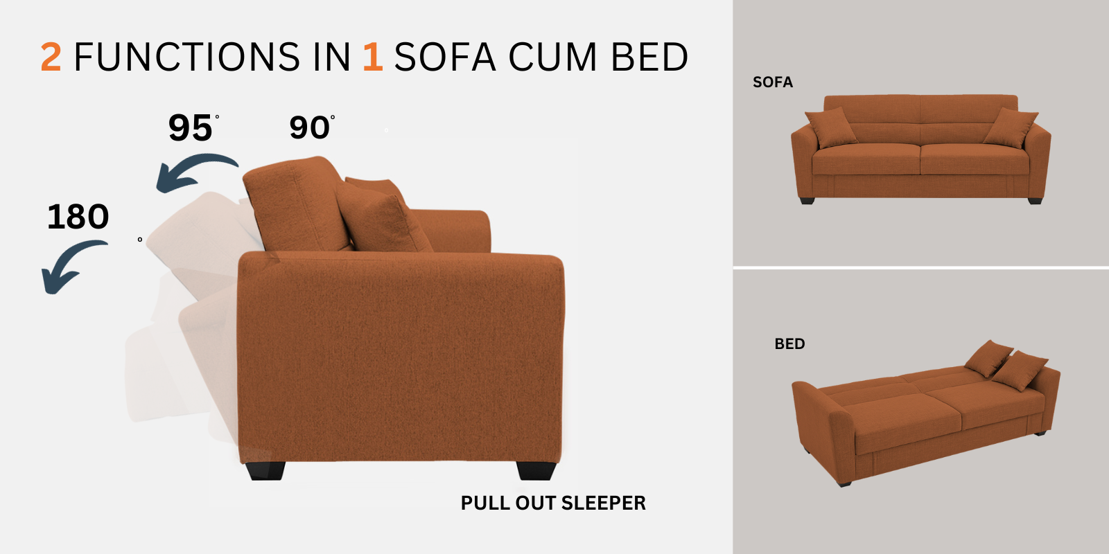 Bony Fabric 3 Seater Convertable Sofa Cum Bed In Khaki Beige Colour