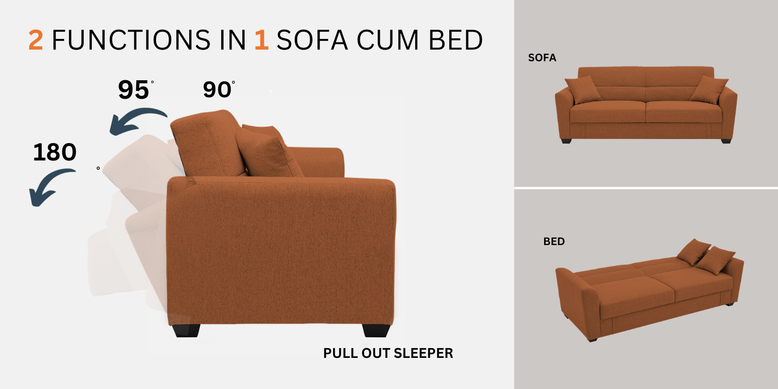 Bony Fabric 3 Seater Convertable Sofa Cum Bed In Coco Brown Colour