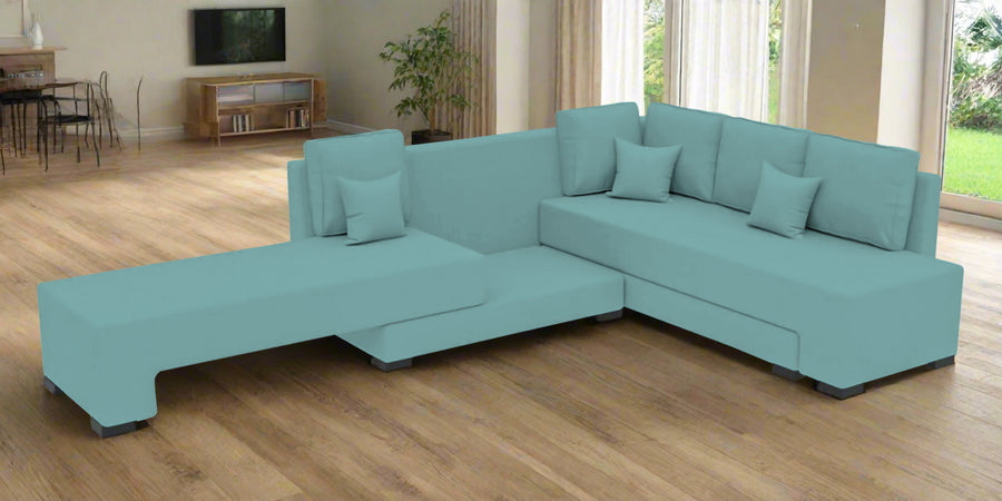 Corby Velvet Rhs 6 Seater Convertible Sofa Cum Bed In Barmunda Aqua Colour - Febonic Living