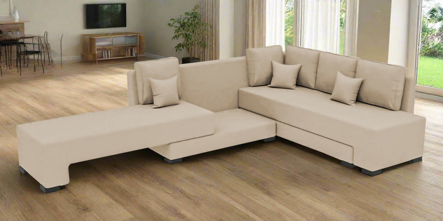 Corby Velvet Rhs 6 Seater Convertible Sofa Cum Bed In Cream Beige Colour - Febonic Living