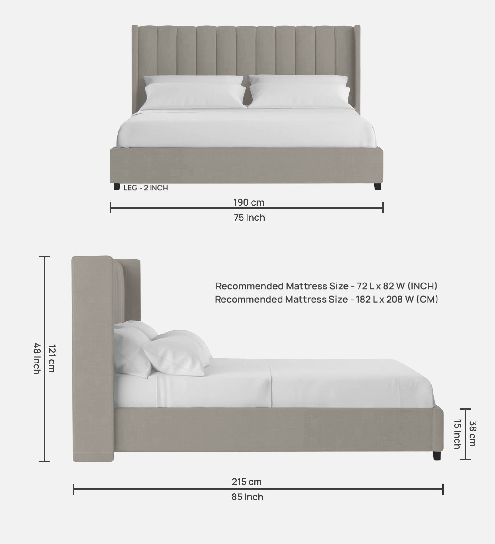 Colina Fabric Queen Size Bed In Lit Grey Colour With Box Storage