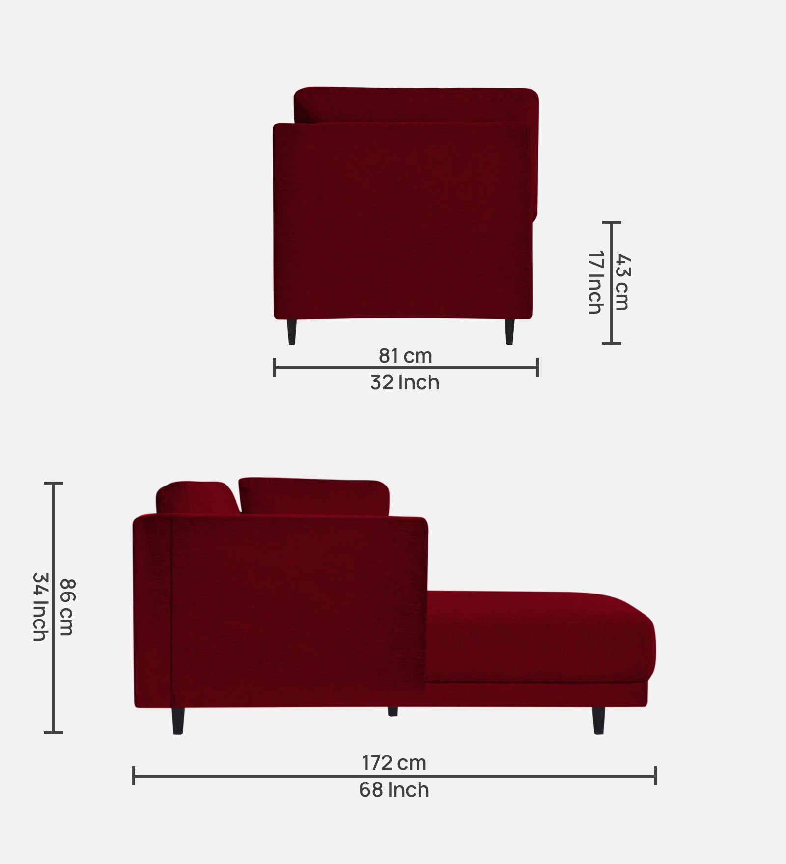 Jonze Velvet RHS Chaise Lounger in Cherry Red Colour