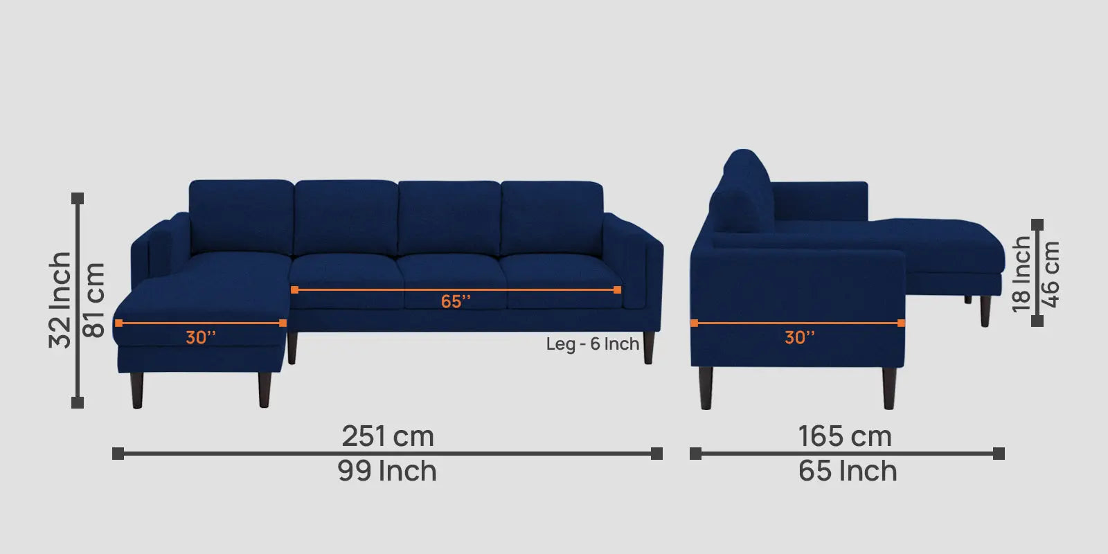 Creata Fabric RHS Sectional Sofa (3+Lounger) In Royal Blue Colour Febonic Living