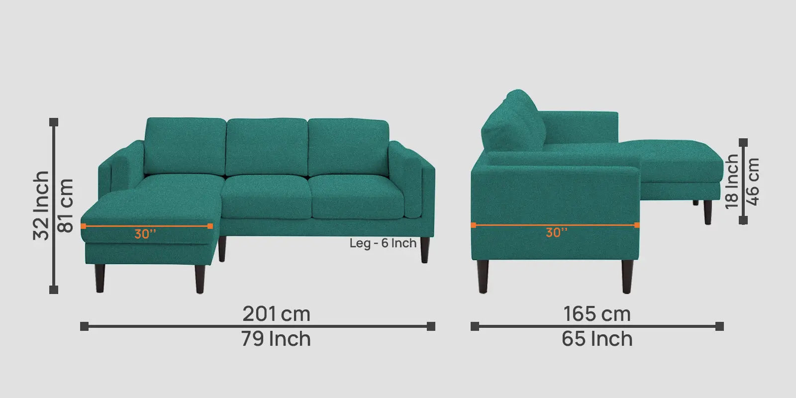 Creata Fabric RHS Sectional Sofa (2+Lounger) In Sea Green Colour Febonic Living