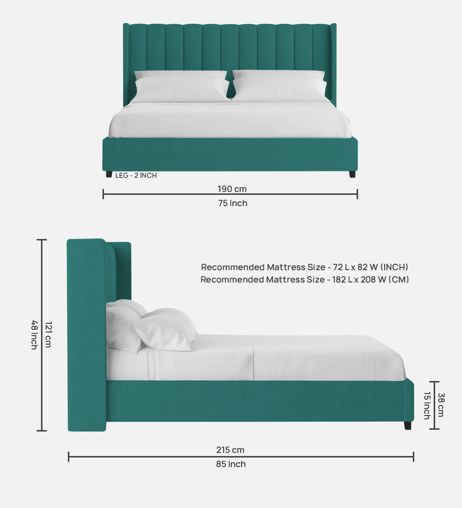 Colina Fabric Queen Size Bed In Sea Green Colour With Box Storage