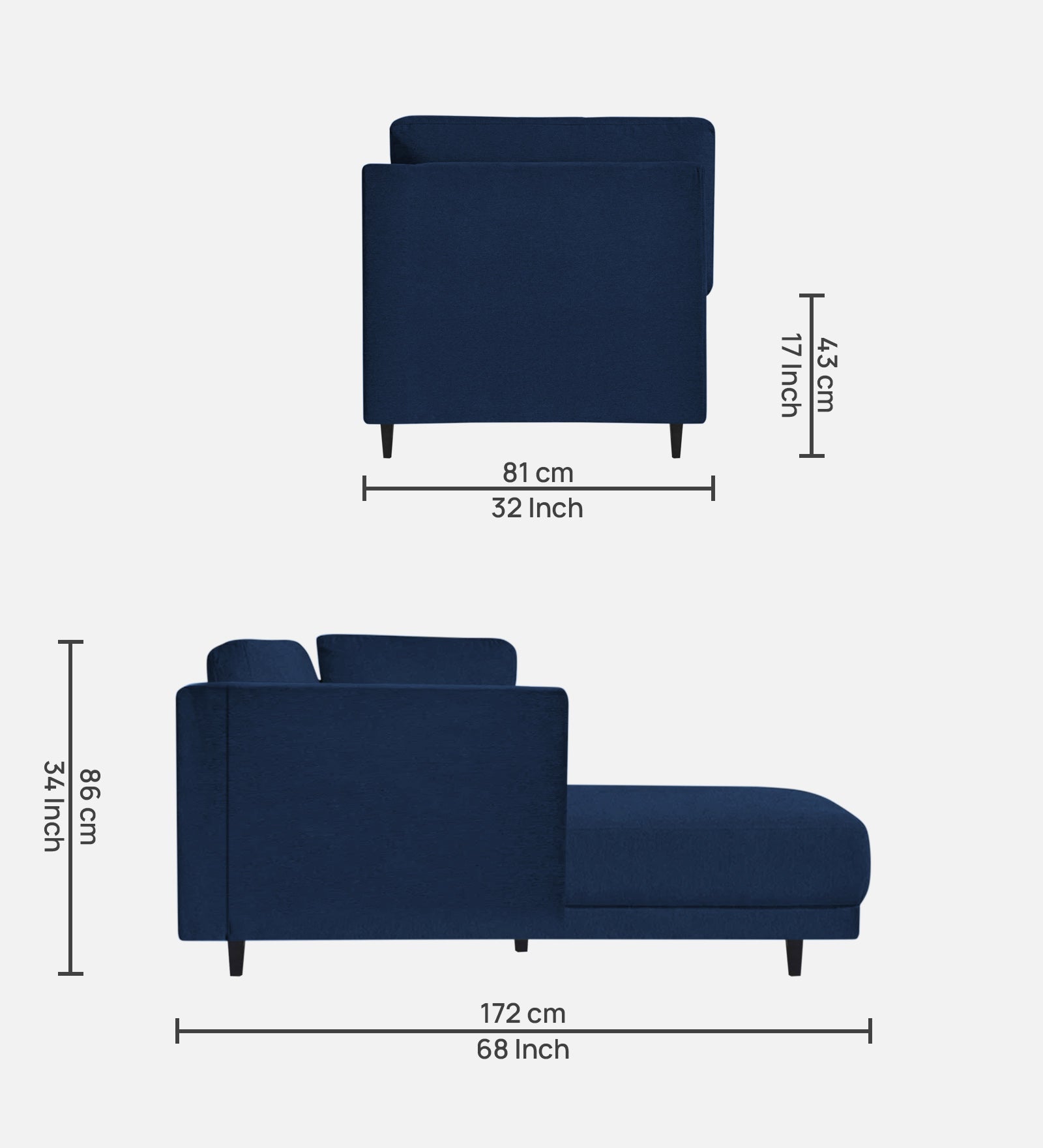 Jonze Velvet RHS Chaise Lounger in Imperial Blue Colour