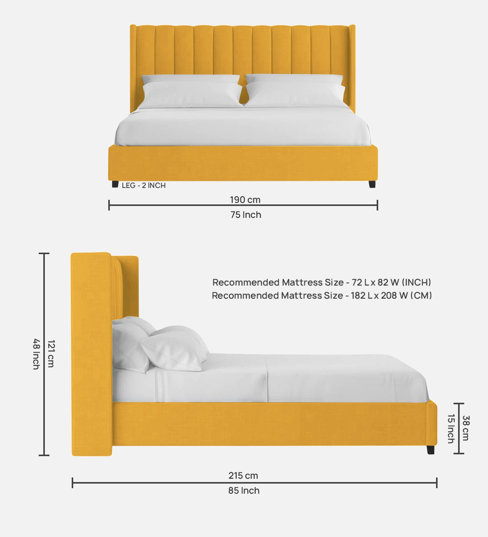 Colina Fabric Queen Size Bed In Bold Yellow Colour With Box Storage