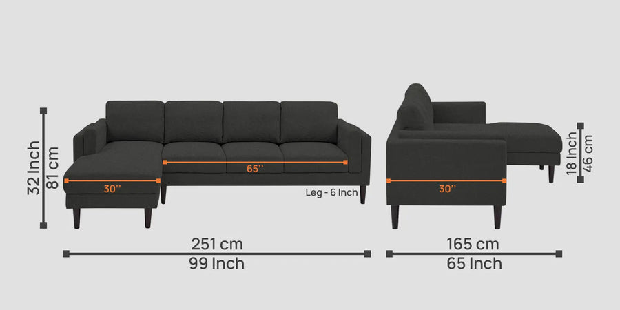 Creata Fabric Rhs Sectional Sofa 3 Lounger In Charcoal Grey Colour - Febonic Living