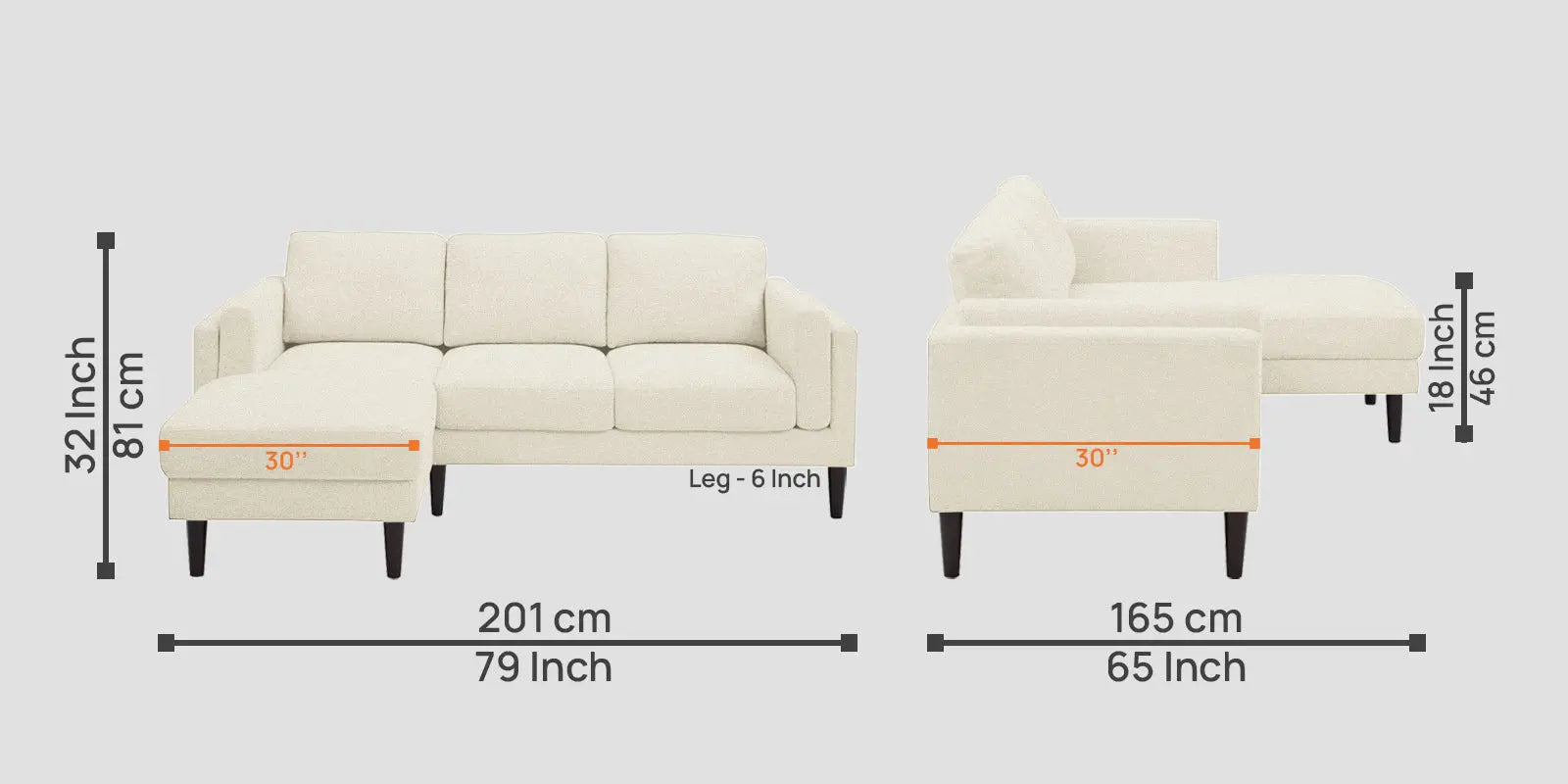 Creata Fabric RHS Sectional Sofa (2+Lounger) In Ivory Cream Colour Febonic Living
