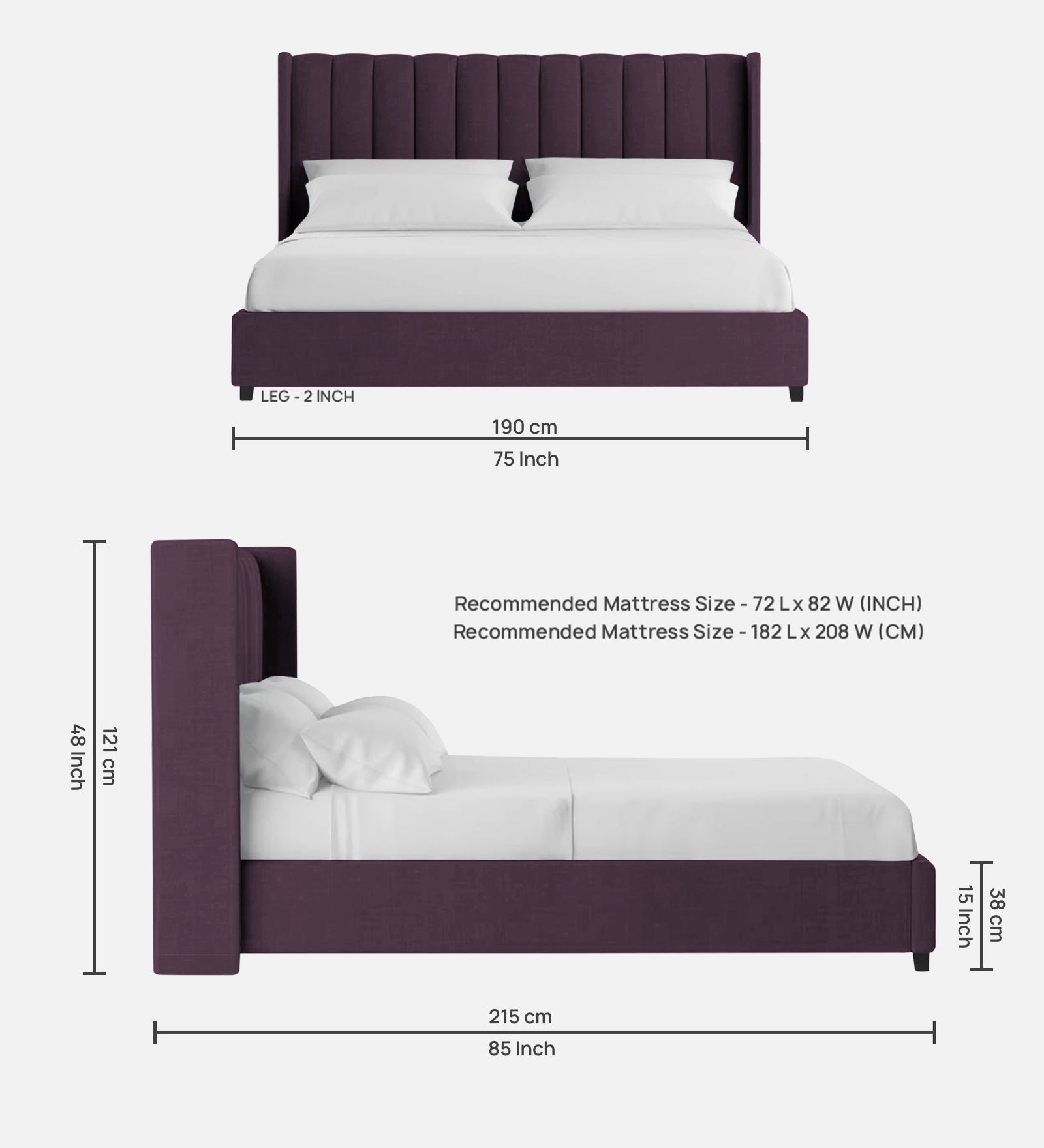 Colina Fabric Queen Size Bed In Greek Purple Colour With Box Storage