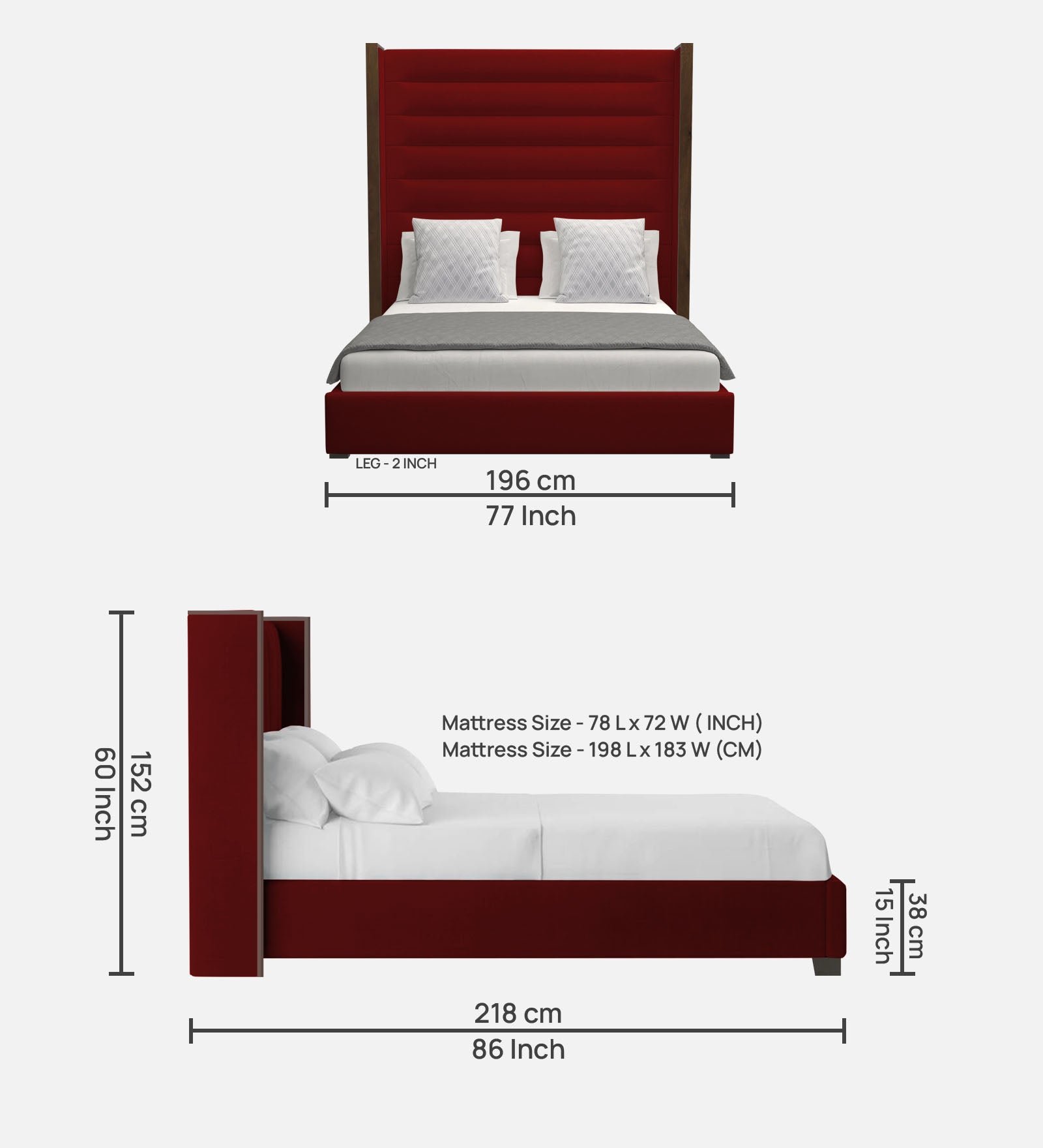 Sunny Fabric King Size Bed In Blood Maroon Colour