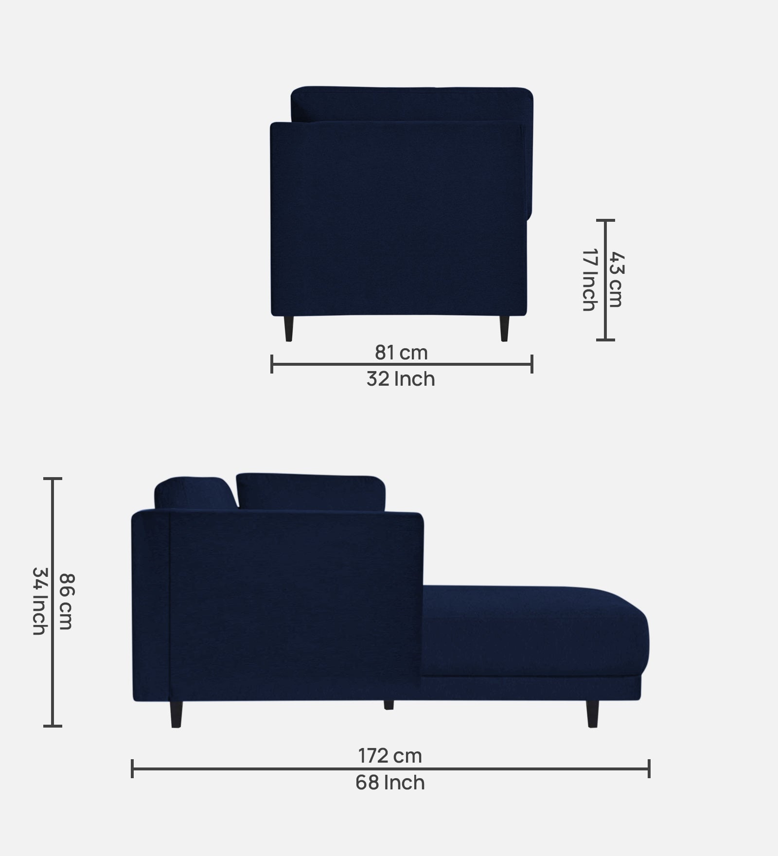 Jonze Velvet RHS Chaise Lounger in Indigo Blue Colour