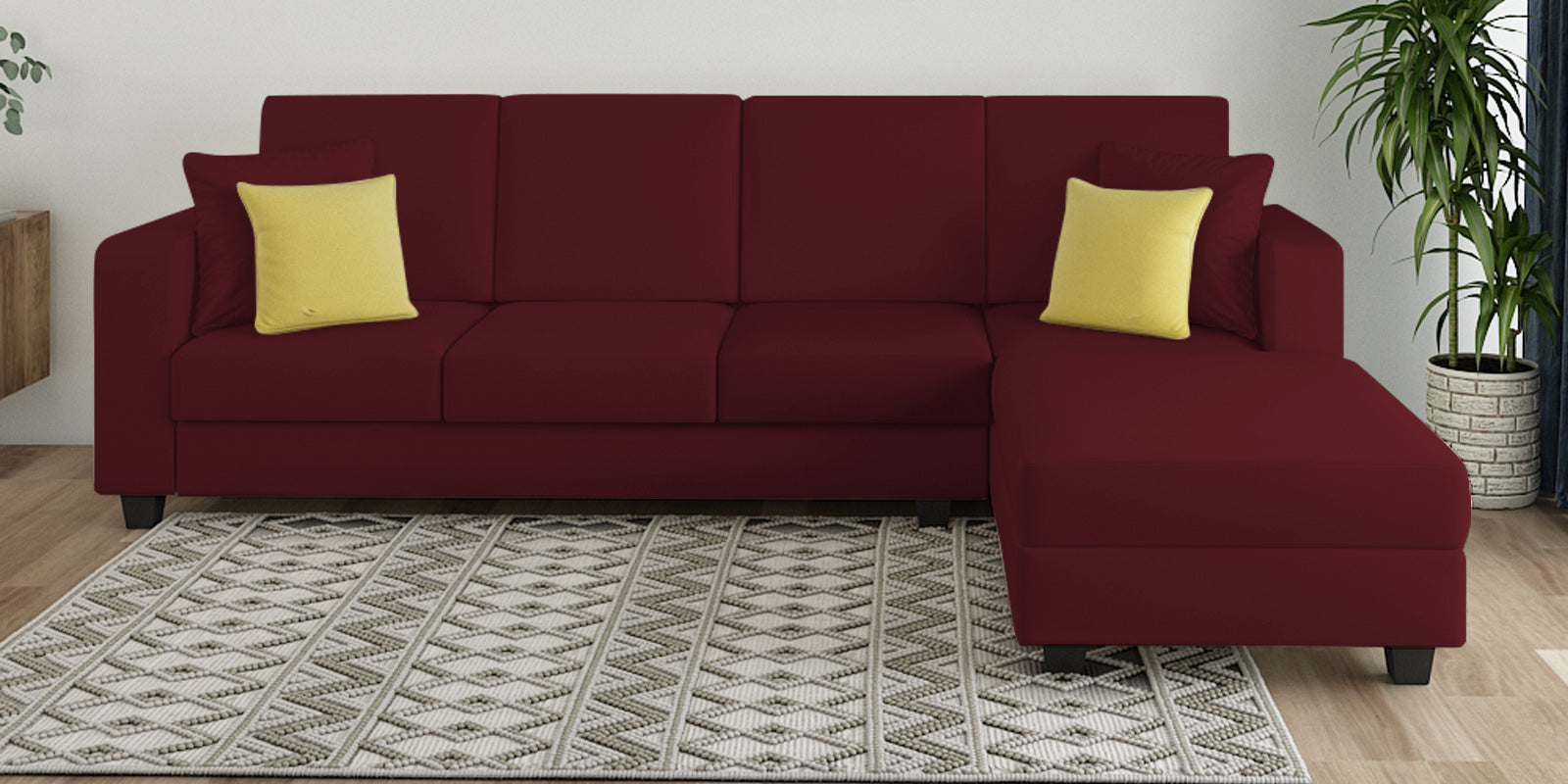 Nabi Fabric LHS Sectional Sofa (3 + Lounger) In Blood Maroon Colour