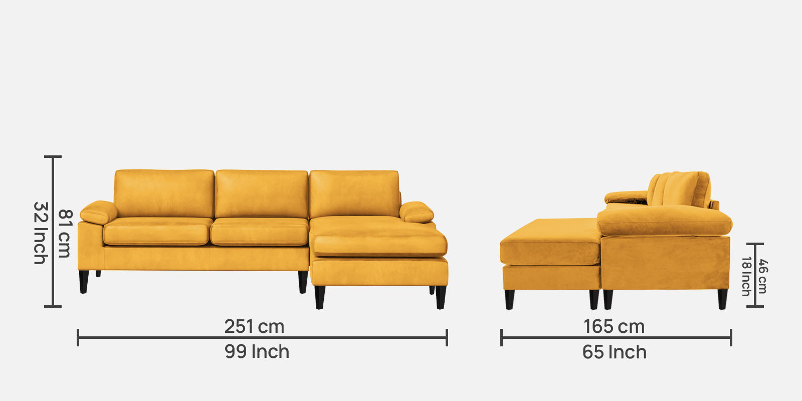 Vegas Velvet LHS Sectional Sofa (3+Lounger) In Turmeric yellow Colour