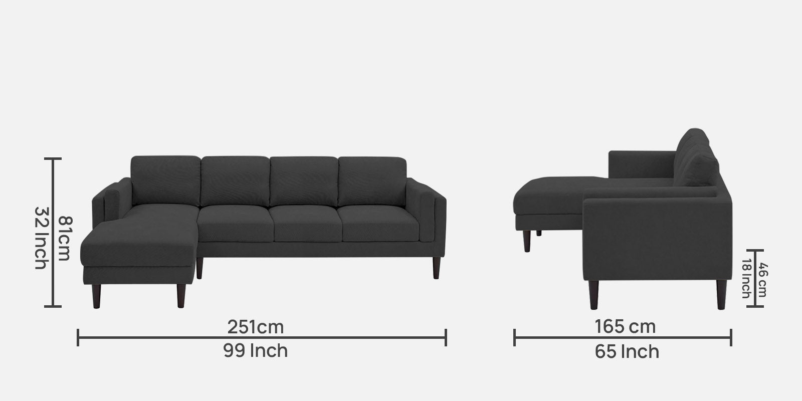 Creata Fabric RHS Sectional Sofa (3+Lounger) Charcoal Grey Colour by Febonic