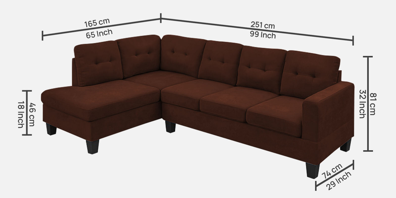 Thomas Fabric RHS Sectional Sofa (3+Lounger) in Coffee Brown Colour