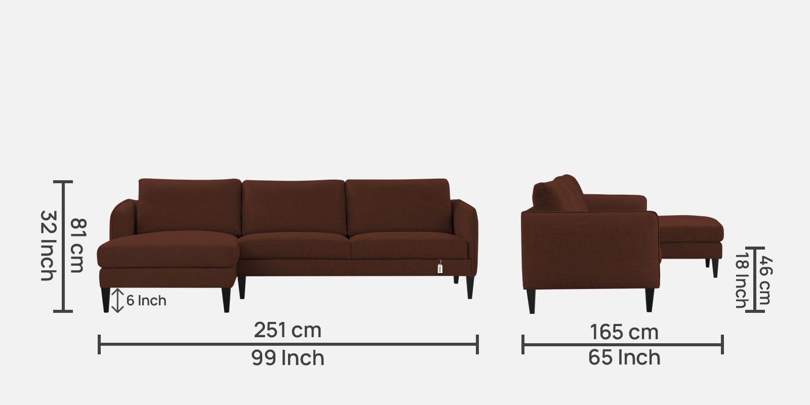 Piku Fabric RHS Sectional Sofa (3+Lounger) in Coffee Brown Colour