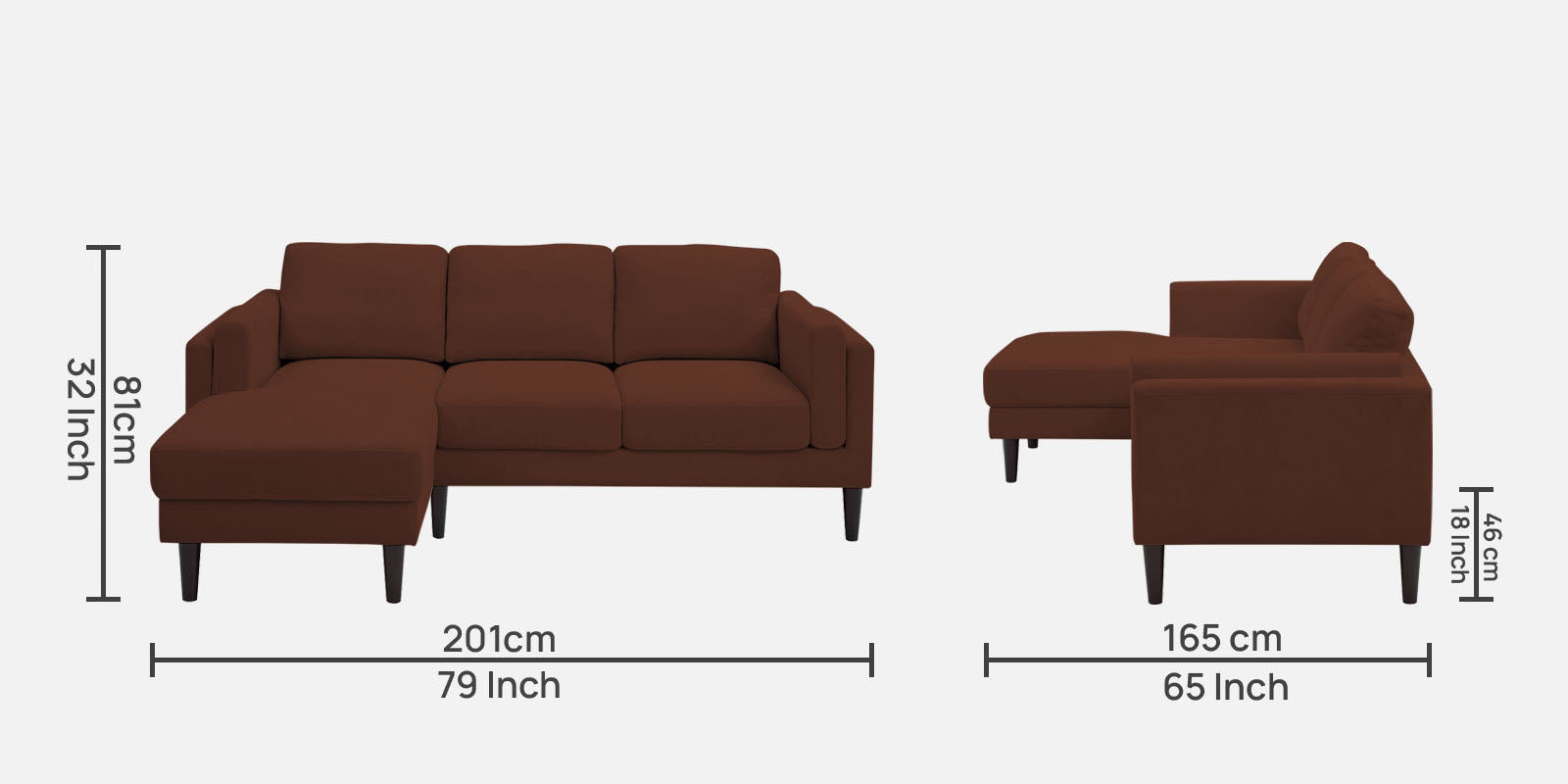 Creata Fabric RHS Sectional Sofa (2+Lounger) in Coffee Brown Colour by Febonic