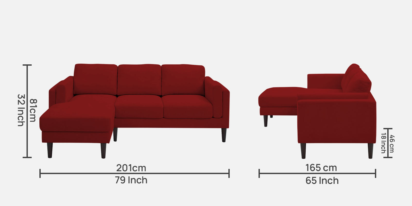 Creata Fabric RHS Sectional Sofa (2+Lounger) in Blood Maroon Colour by Febonic