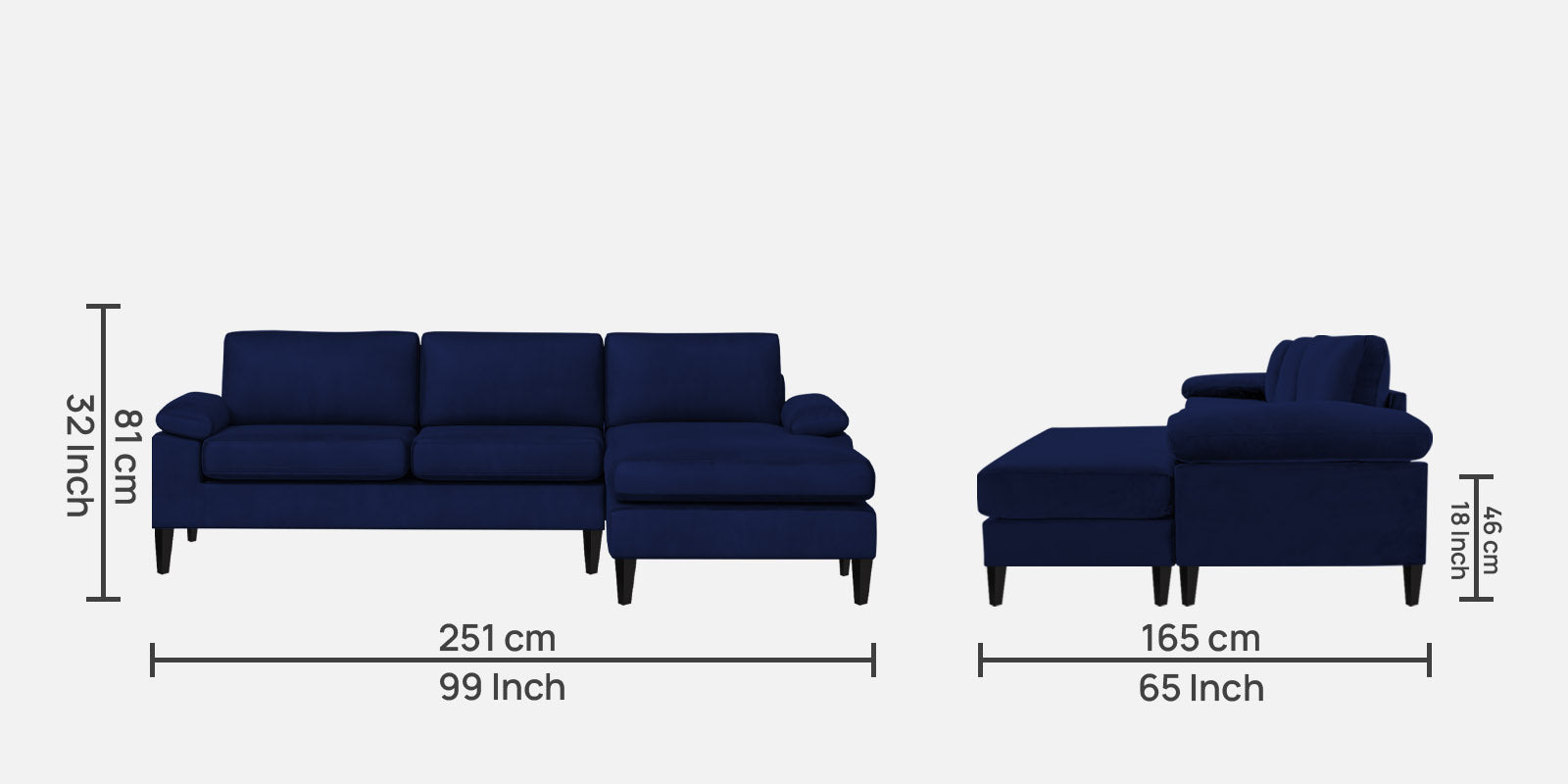 Vegas Velvet LHS Sectional Sofa (3+Lounger) In Imperial Blue Colour