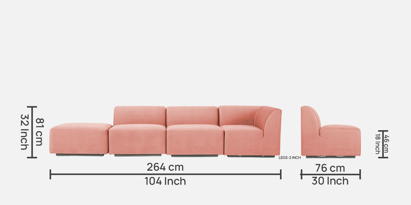 Bufa Velvet LHS Sectional Sofa In Blush Pink Colour With Ottoman