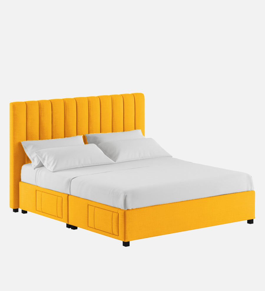 Nivi Fabric Upholstered Queen Size Bed In Bold Yellow Colour With Drawer Storage - Febonic Living