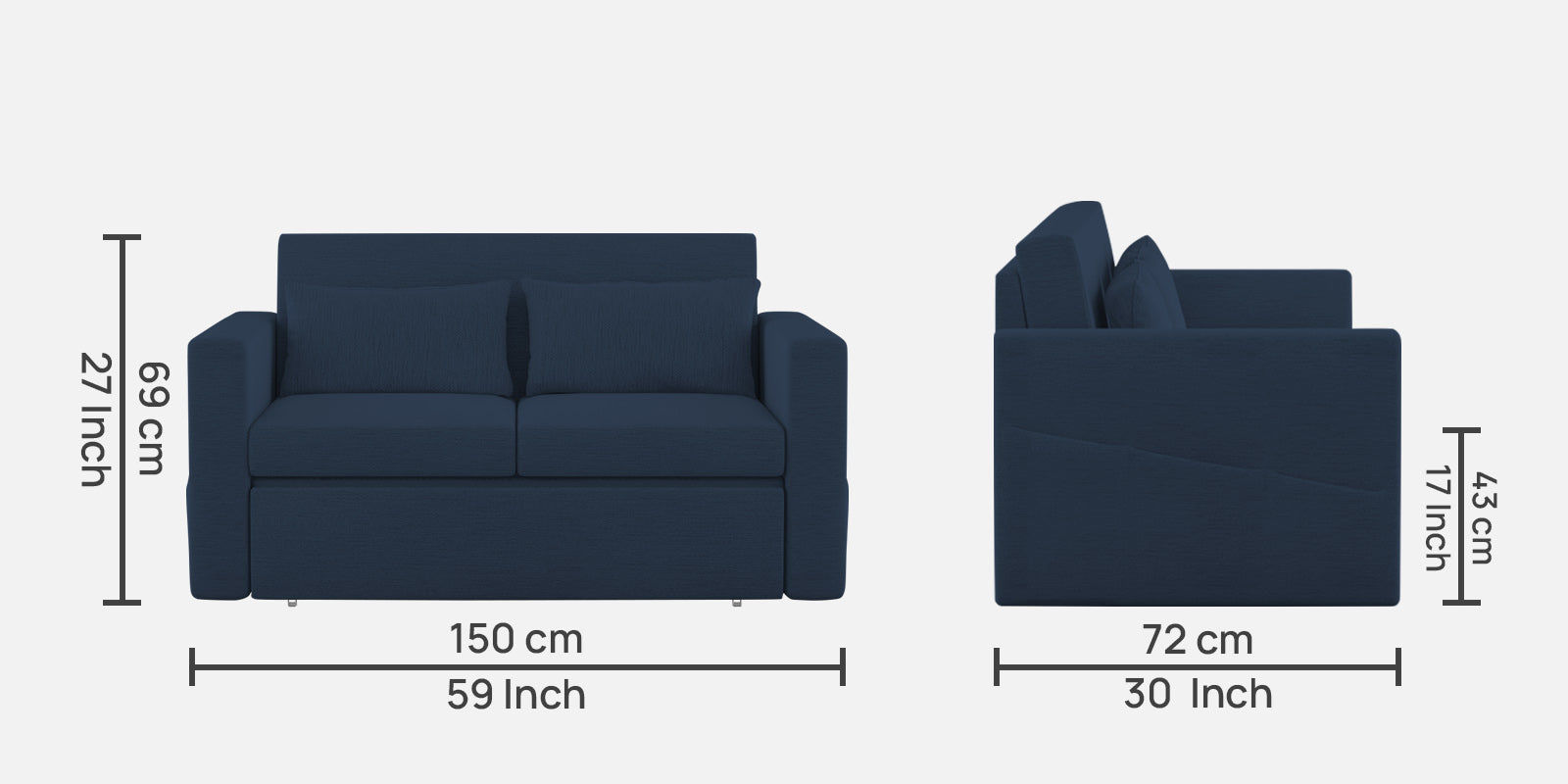 River Fabric 2 Seater Pull Out Sofa Cum Bed In Denim Blue Colour