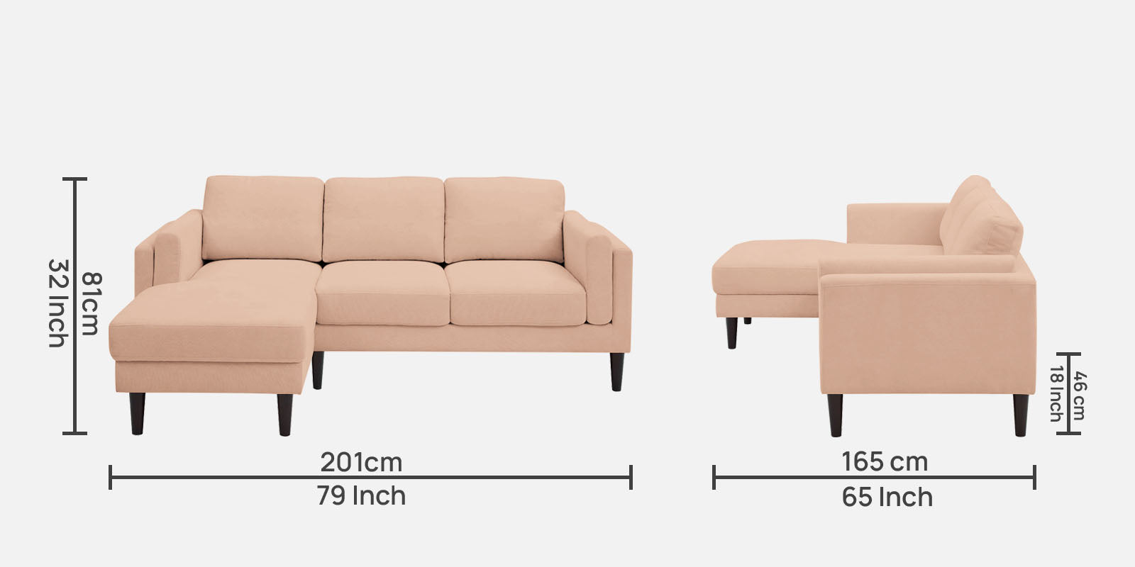 Creata Fabric RHS Sectional Sofa (2+Lounger) in Cosmic Beige Colour by Febonic