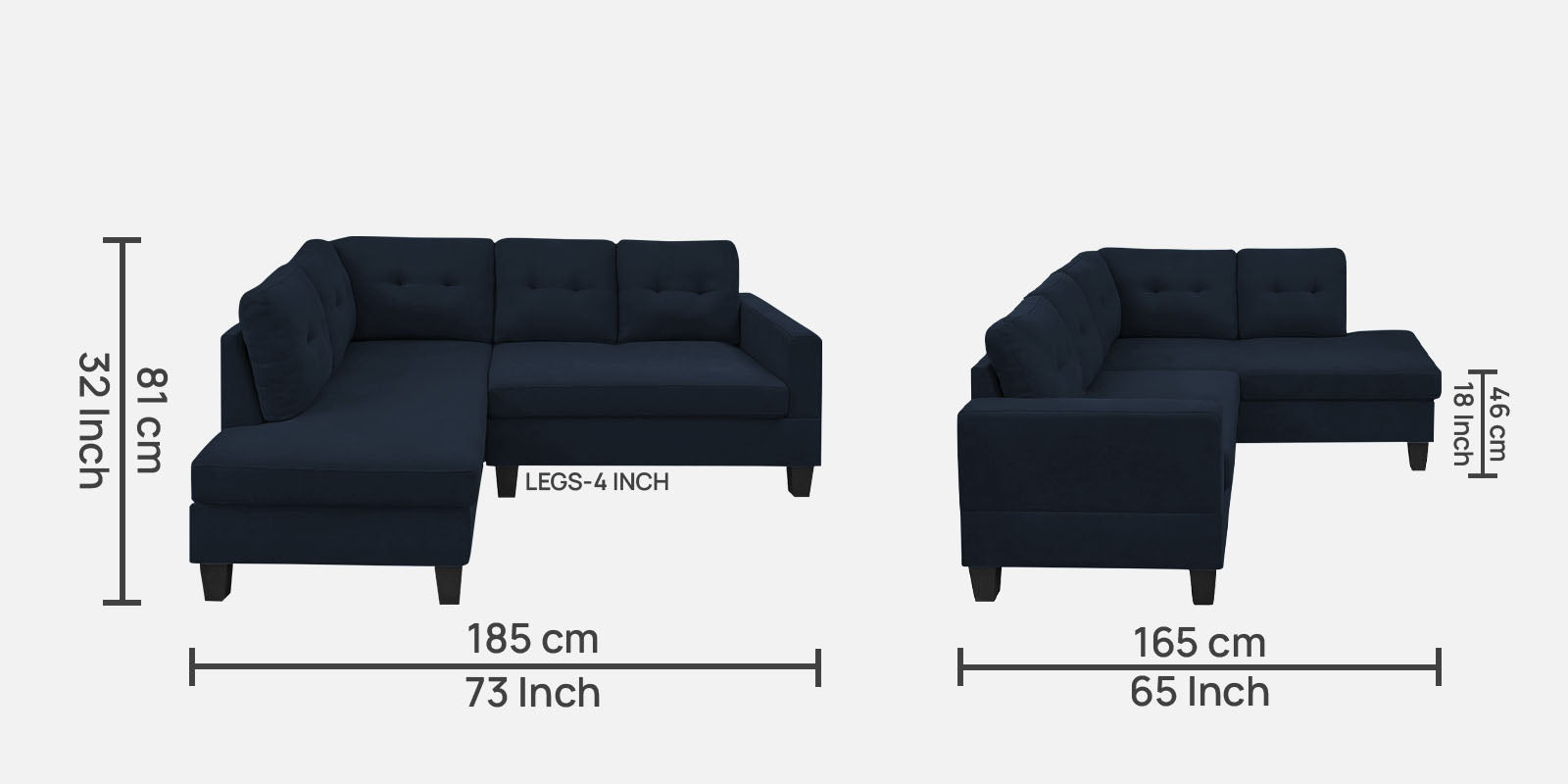 Thomas Fabric RHS Sectional Sofa (2+Lounger) in Denim Blue Colour