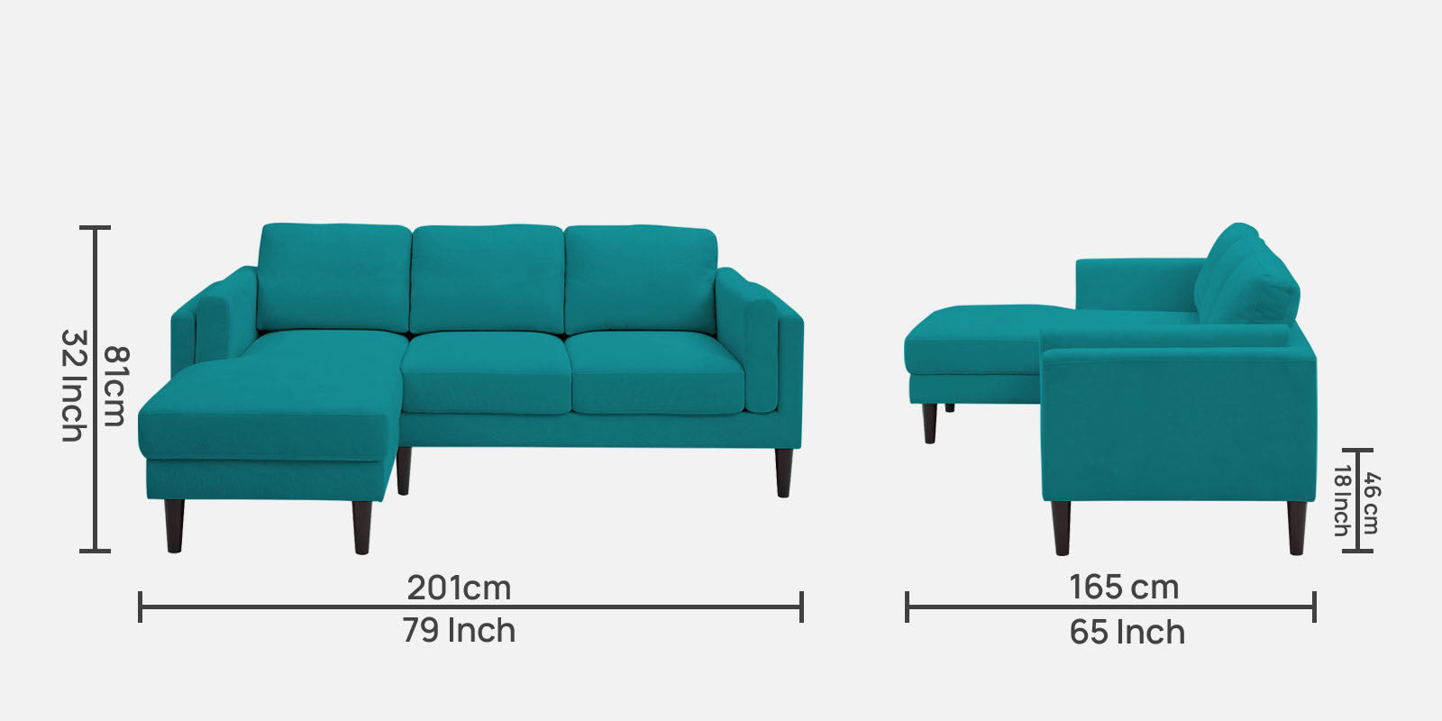 Creata Fabric RHS Sectional Sofa (2+Lounger) in Sea Green Colour by Febonic