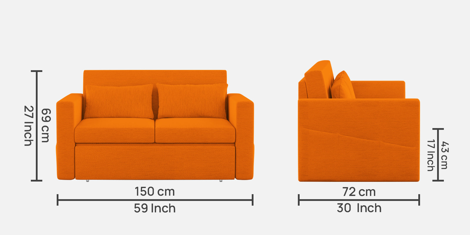 River Fabric 2 Seater Pull Out Sofa Cum Bed In Vivid Orange Colour