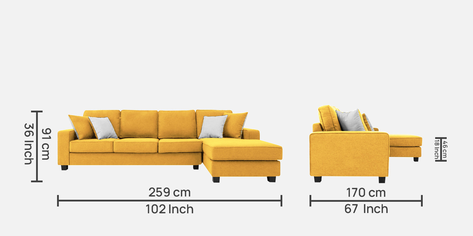 Ladybug Fabric LHS Sectional Sofa (3+Lounger) In Bold Yellow Colour