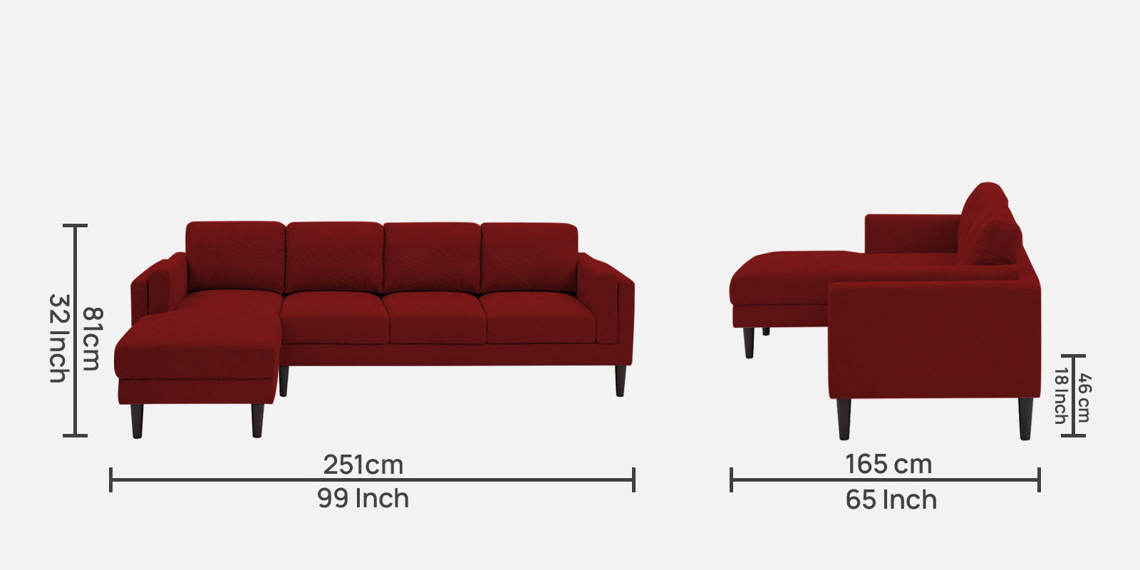 Creata Fabric RHS Sectional Sofa (3+Lounger) in Blood Maroon Colour by Febonic