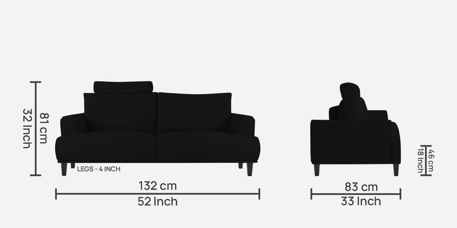 Como Fabric 2 Seater Sofa in Zed Black Colour