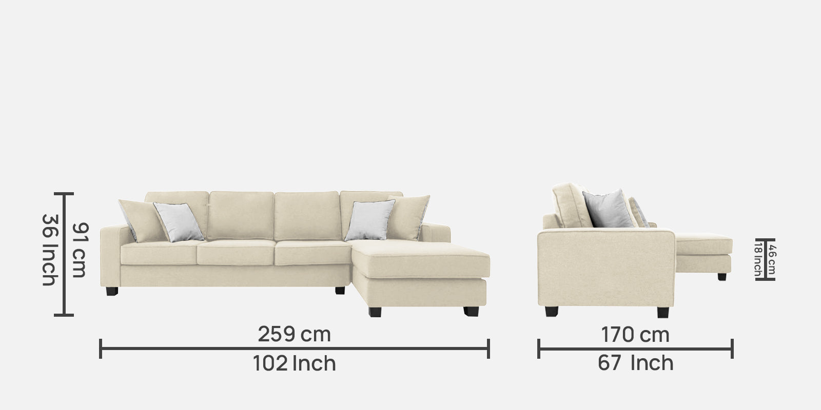 Ladybug Fabric LHS Sectional Sofa (3+Lounger) In Ivory Cream Colour